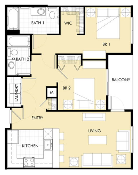 Floor plan for 2 beds, 2 baths